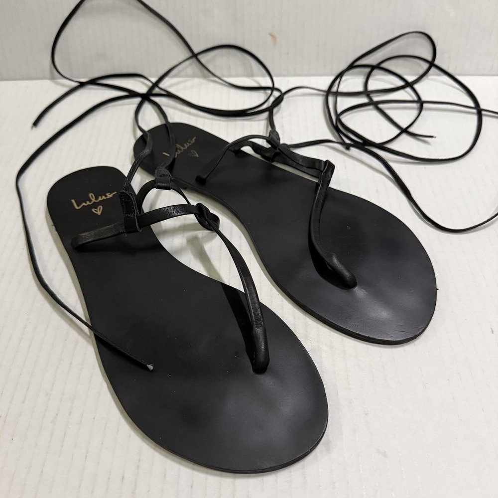 Lulus Shoes Womens Size 8.5 Black Leather Thong Lace Up Flat Ankle Wrap Sandals